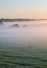 Fototapeta premium Misty Sunrise Over a Serene Green Field