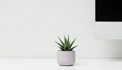 Minimalist Succulent in White Ceramic Pot on Modern Desk