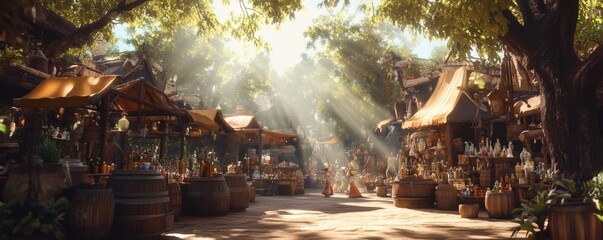 Sunlit market street scene in a fantasy village