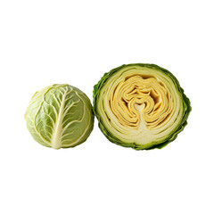 Fototapeta premium Fresh Green Cabbage Halved and Whole on a Transparent Background for Culinary and Food Photography