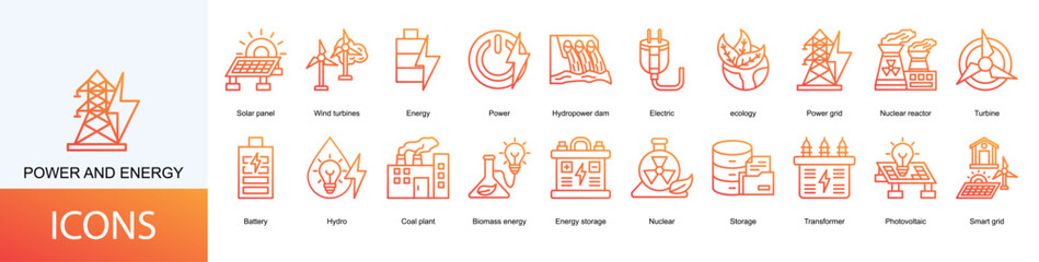 power and energy icon collection set. Containing Solar panel, Wind turbines, Energy, Power, Hydropower dam, Electric, ecology icon © Dhanis
