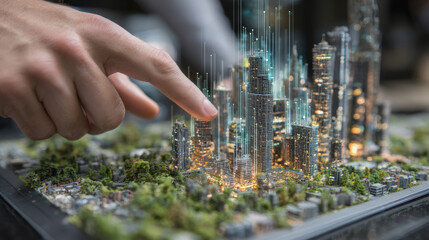 Hand interacting with 3D model of cityscape, showcasing futuristic buildings and digital overlays, symbolizes innovative urban planning