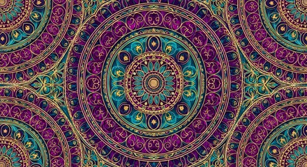 Mandala Bloom, Spiritual mandala rug design, circular motif, jewel tones, amethyst, teal, gold