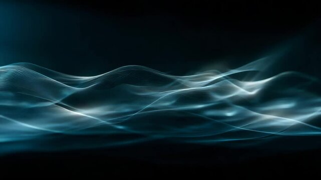 Abstract dark blue wave like forms ripple across the screen. Glowing particles create a sense of depth and movement against a black background. Subtle light highlights the texture and undulation.