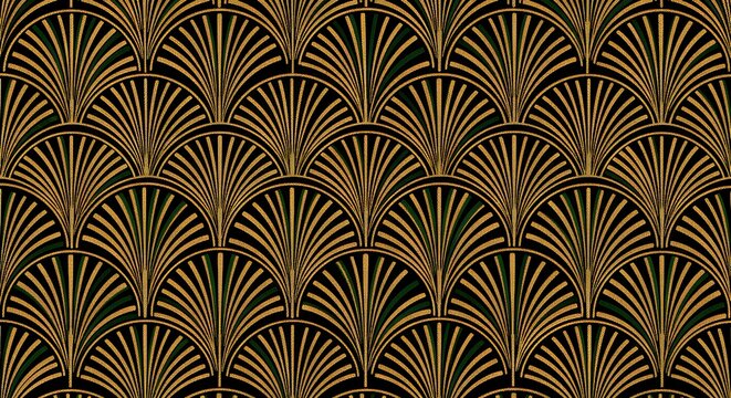 Art Deco Elegance, Art Deco rug pattern, repeating fan shapes, black, gold, emerald green, vintage glamour