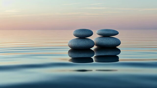 Calm stones on water, serene sunset reflection