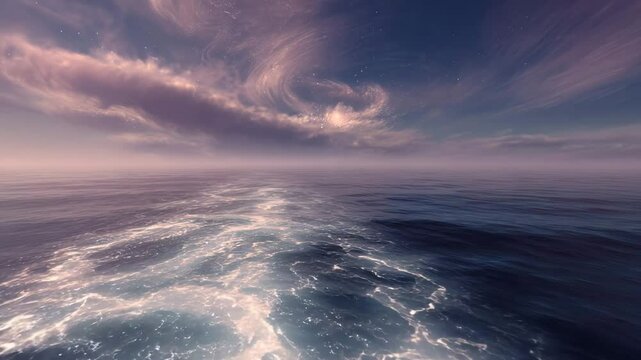Glimmering ocean at twilight, pink and purple clouds, sparkling water, serene atmosphere, soft lighting, peaceful seascape, tranquil scene, dreamy mood, night sky, stars, calming colors.