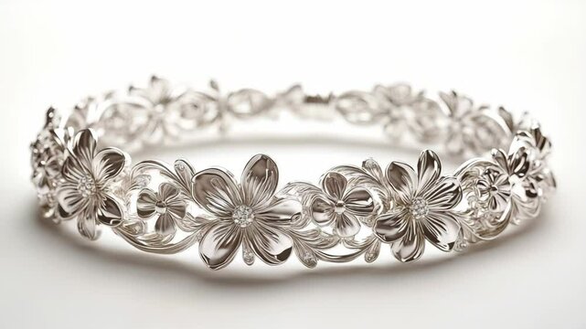 Elegant silver floral bracelet with detailed flower patterns perfect for jewelry display and
