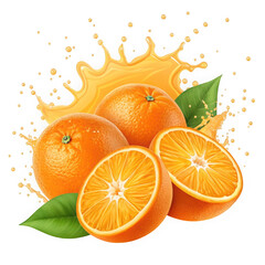 Fresh oranges with juice splash and leaves isolated on transparent background