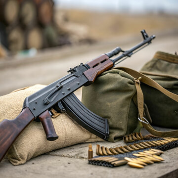 "Close-Up of AK-47 Rifle Placed Beside Ammunition Bags, Highlighting Military Equipment Details in a Tactical or Combat Setting"
