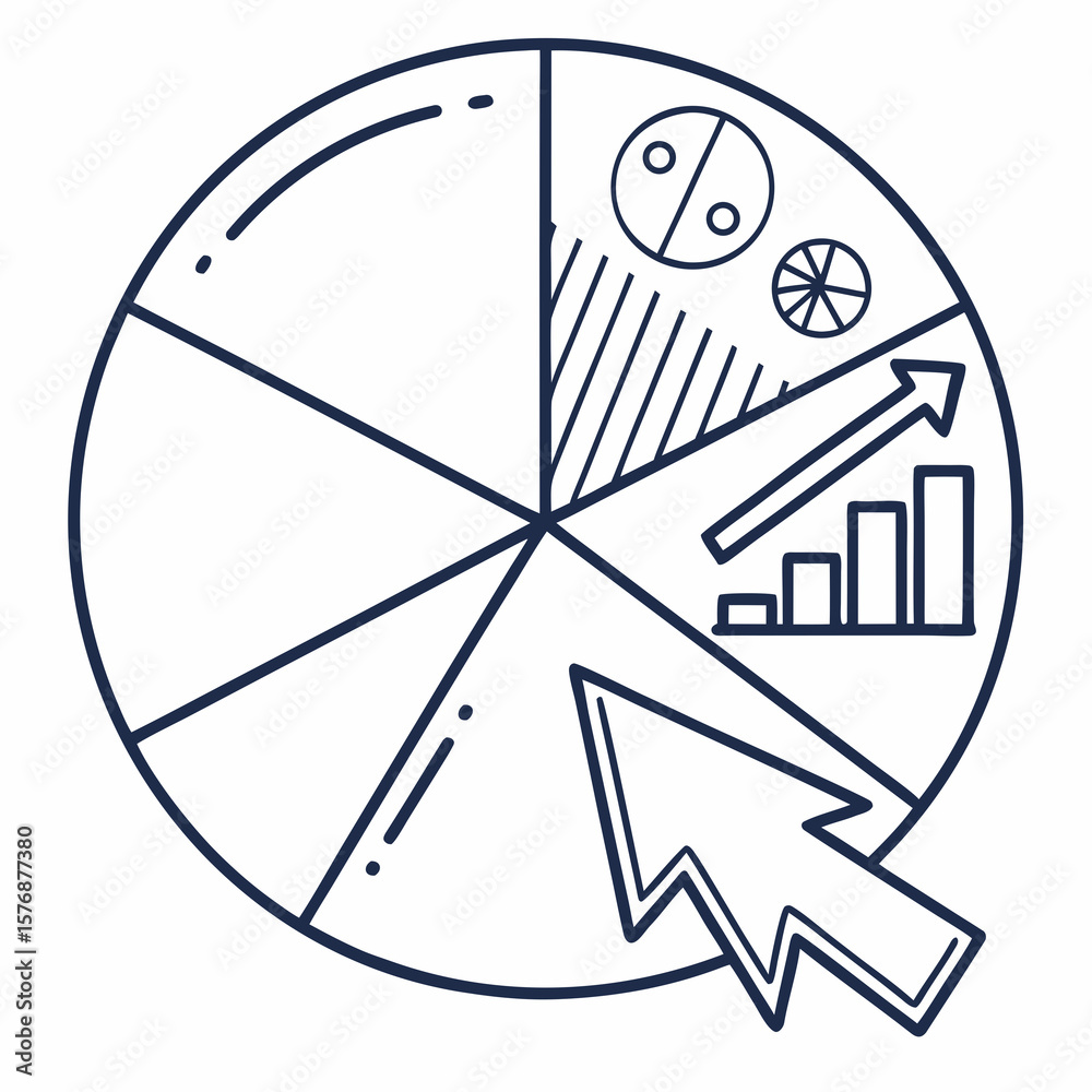 Poster line icon of a pie chart divided into 3 sections, with a cursor pointer overlay, perfect for data an