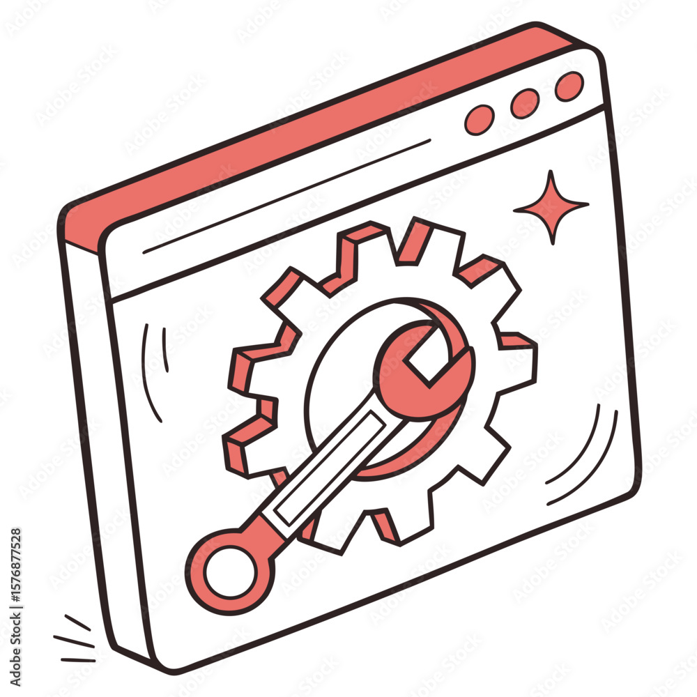 Poster vector web app icon of a gear and wrench crossing inside a browser window, representing settings or 