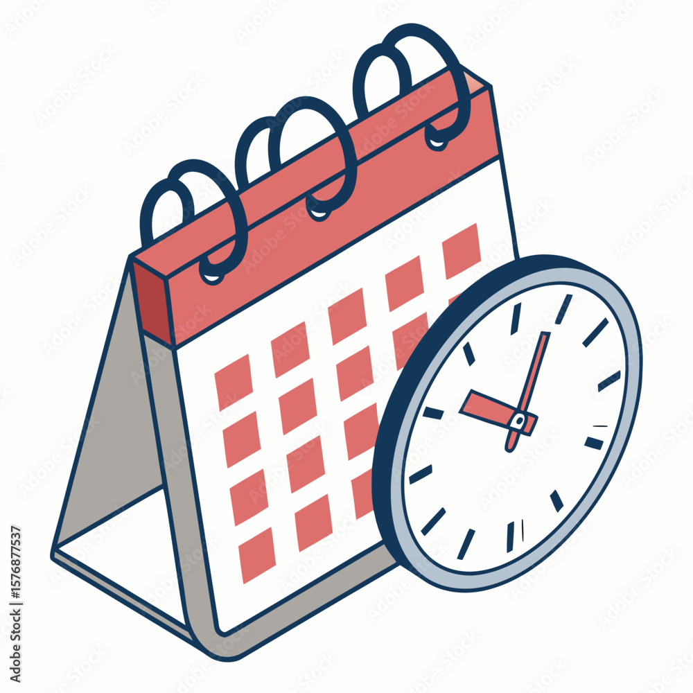 Poster desktop calendar with red clock, calendar icon with date and clock overlayed, subtle gradient and lo