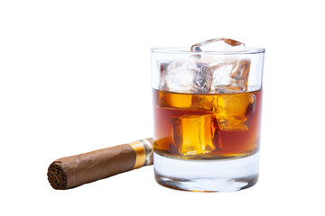 a glass of whiskey and a cigar on a white background