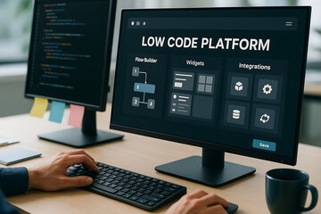 Naklejka premium Low Code software development platform technology concept, low code platform, visual flow builder, app development tools, prebuilt widgets, software automation, integration modules, simplified program