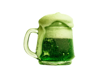 a green beer mug with foamy foam on top