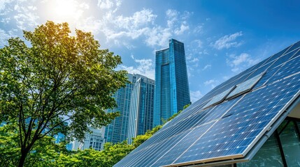 Modern cityscape with solar panels and lush greenery.
