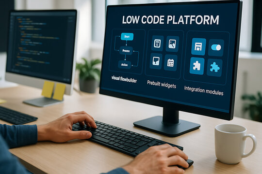 Low Code software development platform technology concept, low code platform, visual flow builder, app development tools, prebuilt widgets, software automation, integration modules, simplified program