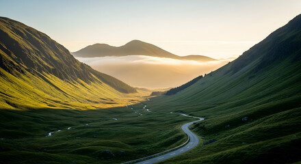 Scenic Mountain Valley Landscape with Winding Road and Misty Hills at Sunrise