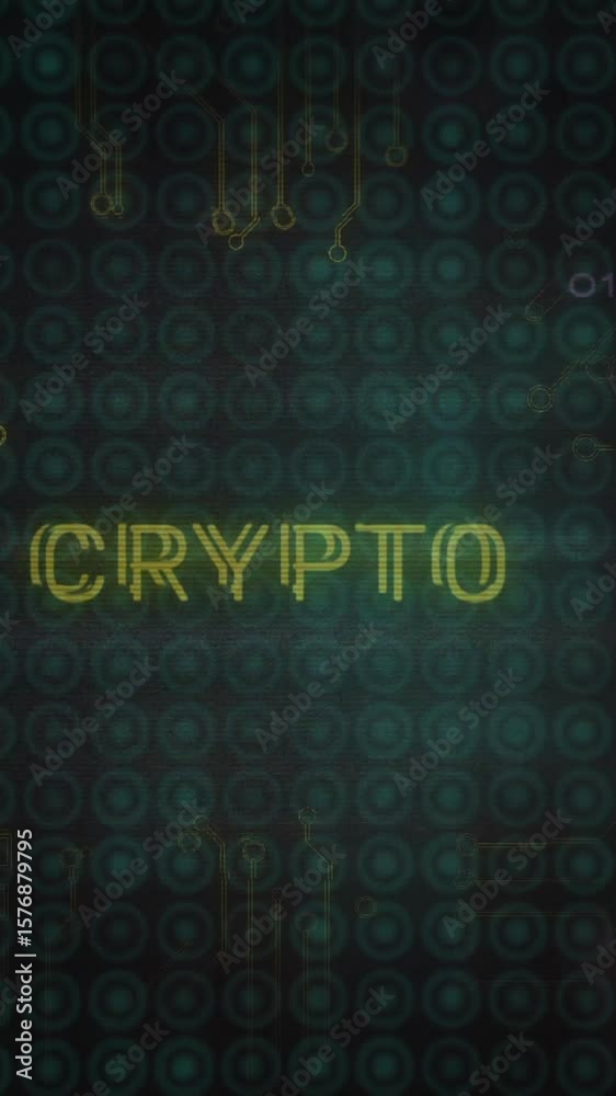 Poster animation of crypto text with computer circuit board on black background