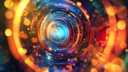 Vibrant neon circles spinning, creating a dynamic tunnel of colorful light and energy.