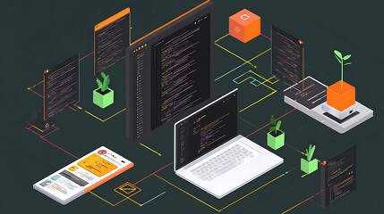 Interconnected digital devices displaying code and plant imagery.