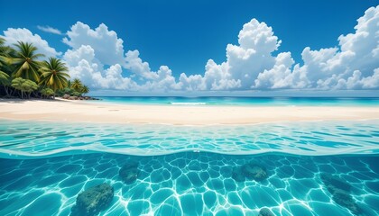 Fototapeta premium A scenic view of a tropical beach with clear turquoise water and a sandy shore under a bright blue sky