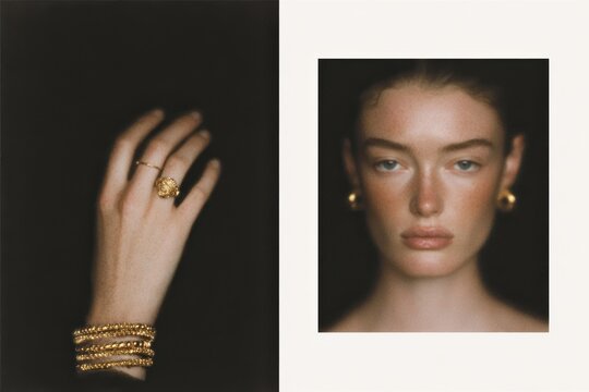 Closeup of redhead woman with gold jewelry and soft light photography for social media faceless digital content marketing