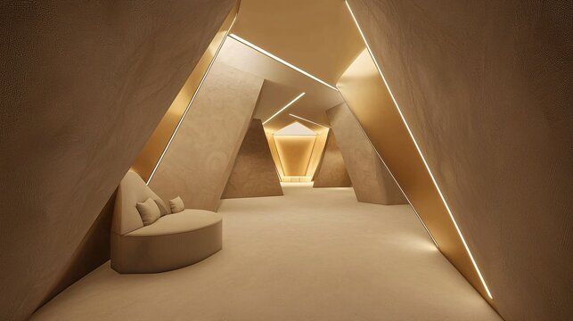 A modern, minimalist hallway with triangular architectural design and a comfortable seating area.