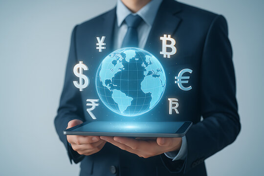 Businessman holding tablet with floating holographic world map surrounded by international currencies showing digital finance and global economy transformation concept