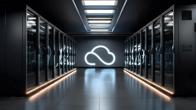 Modern server room interior with cloud symbol