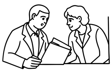 Cartoon Illustration of Two Businesspeople Discussing Document in Office Setting – Professional Collaboration and Workplace Communication Concept
