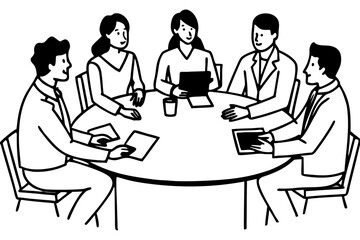 Cartoon Illustration of Five People Sitting Around Round Table Discussing Documents – Teamwork, Communication, and Business Collaboration Concept
