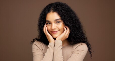 Cosmetology, portrait and woman in studio for beauty, makeup or facial glow with happiness. Smile,...