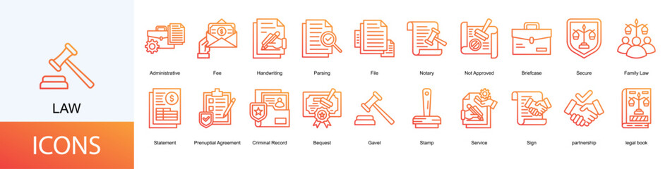 Law icon collection set. Containing Administrative, Fee, Handwriting, Parsing, File, Notary icon