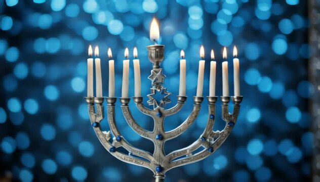 Glowing blue‑silver menorah stands proud against a shimmering abstract backdrop, symbolizing Hanukkah light and enduring resilience.