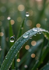 Closeup of Dew Drops on Green Grass Blades in Morning Sunlight
