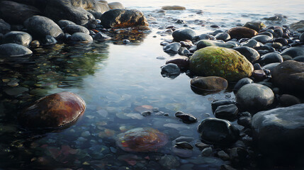 Obraz premium Harmonious Tranquility: The Timeless Dance of Wet Stones and Sea in Perfect Balance