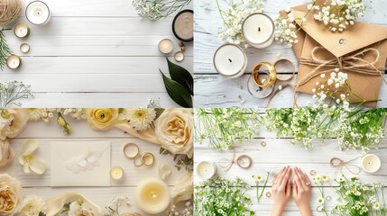 Collage of wedding themes with flowers, candles, rings, and paper on white wood