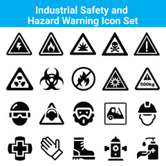 Workplace Safety and Hazard Warning Icons Set, Protective Equipment Symbols, Industrial Safety Signs
