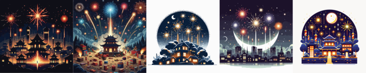 vector image of firecrackers at night with a white background © Andreas