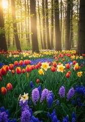 Fototapeta premium Vibrant Spring Flowers in Sunlit Forest