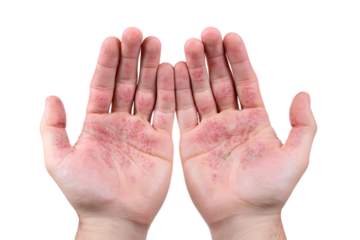 Close up of hands with psoriasis.  Red, scaly skin.