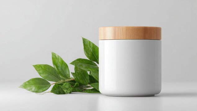 White ceramic jar with light wooden lid, next to fresh leaves - Powered by Adobe