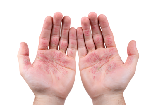 Close up of hands with psoriasis.  Red, scaly skin.