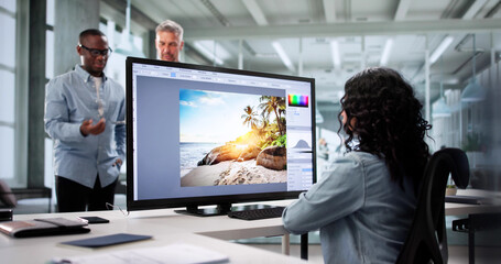 Busy Woman Editing Web Design Photos On Desktop Computer Late