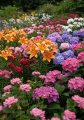 Fototapeta premium Vibrant Summer Garden with Orange Lilies Pink Roses Purple Hydrangeas