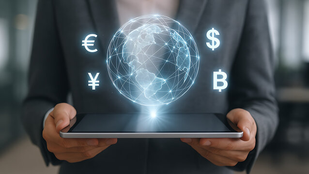 Business person presenting tablet with digital world globe and surrounding floating currency symbols including bitcoin euro yen and dollar for international finance concept