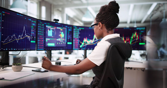 Analyzing Stock Market Trends On Dashboard, Woman Broker