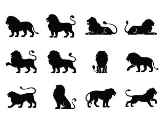 Black silhouettes of lions in different poses against a clean white background create a striking and versatile design.